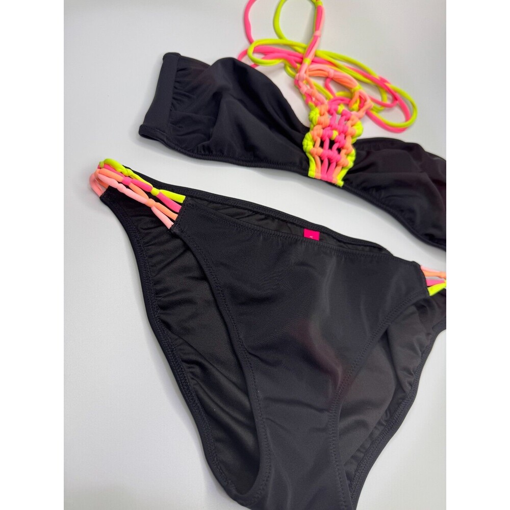 Victoria's Secret Black Hot Pink Orange Yellow NEON Strappy Cheeky Swim Set Med - Picture 3 of 16